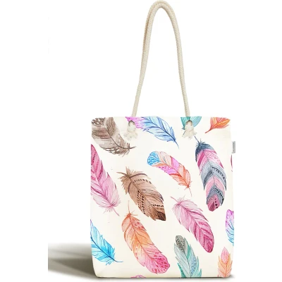 Afbeelding van Schoudertas Dames met rits Kleurrijke veren Canvas 45x50 Strandtas Shopper tas tassen Zomer Hobby