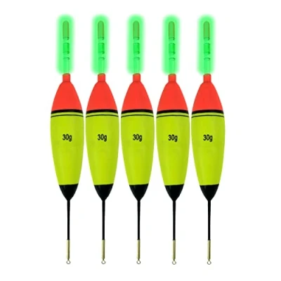 Afbeelding van QualyQualy 5 stuks 30g visdobbers uit EVA schuim + 10 glowsticks, lange, verticale, lichtgevende nachtvisdobbers voor karper, baars