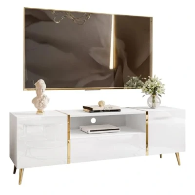 Afbeelding van lukmebel RTV Kast ONYX Op Gouden Poten Hoogglans Elegant &amp; Modern Design Verborgen Planken Gemakkelijk Schoon Te Maken Slijt En Krasbestendig Gelamineerd Board 158x413x53cm Wit