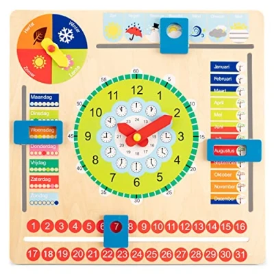 Afbeelding van New Classic Toys Leerklok Houten Kalenderklok Leer o.a. de maanden, seizoenen en klokkijken