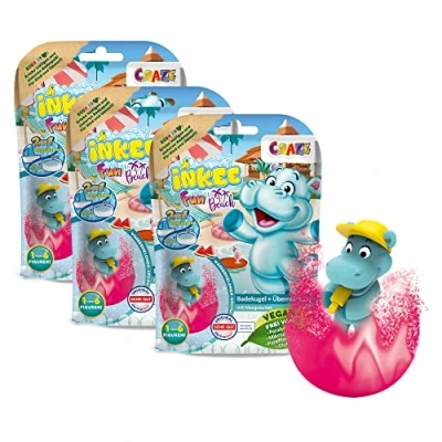 Afbeelding van Craze INKEE Fun Beach Badbruisballen voor kinderen, met verrassing, 3 stuks, multipack badbommen hippo figuren, watermeloengeur, mango boter