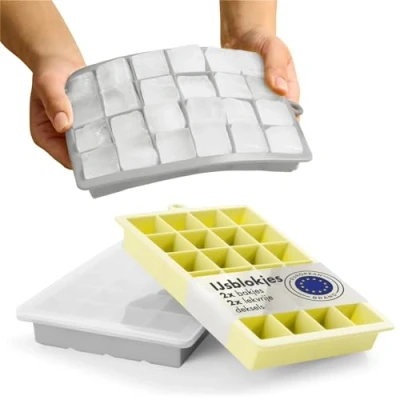 Afbeelding van Blumtal IJsblokjesvorm 2 x 24 IJsblokjes Hoogwaardig Siliconen 48 Stuks 2,6 cm Vierkant Incl. Deksel Grijs en Geel Set van