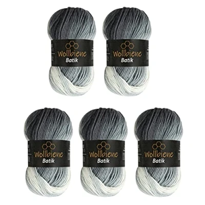 Afbeelding van 5 x 100 g wolbijen Batik 500 gram wol met kleurverloop meerkleurige breiwol haakwol (5000 zwart grijs wit)