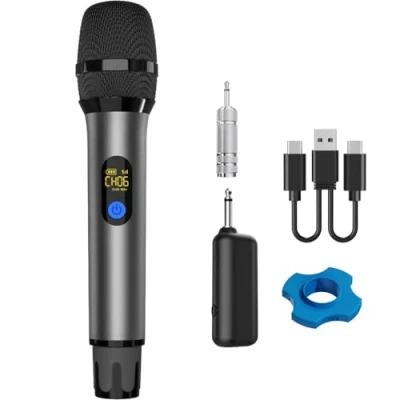 Afbeelding van VOVIGGOL draadloze microfoon, UHF handheld dynamische karaoke zingen microfono microfoon set met oplaadbare ontvanger voor karaokemachine, bruiloft, DJ, feest, spraak, kerk, klasse grijs