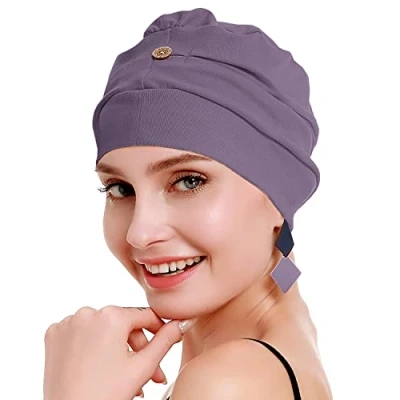 Afbeelding van osvyo Katoenen chemo hoofddeksel voor dames met kanker en haaruitval, muts van katoen, lichte hoofdbedekking, verzegelde verpakking, paars grijs, One size