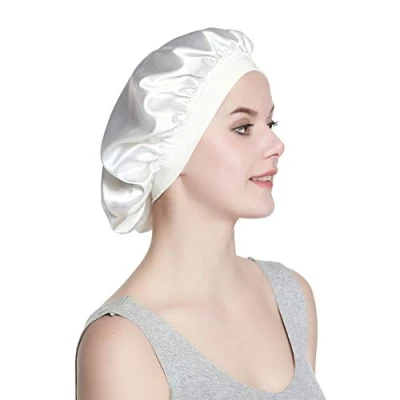 Afbeelding van Alnorm Slaapmuts voor pluizig haar meisjes luxe satijnen bonnet wit