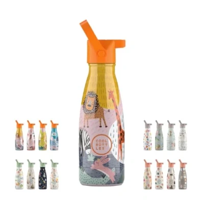 Afbeelding van Cool Bottles Savannah Kingdom 260ml Luxe drinkfles met rietje Schoolbeker kinderen Schoolfles RoestvrijStaal HandwasAlleen StijlvolDesign Kindvriendelijk