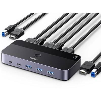 Afbeelding van UGREEN HDMI 2.0 KVM Switch 4K@60Hz USB 3.0 4 poorten (3*USB 3.0+ C) Delen van 1 Monitor en Toetsenbord, Muis, Printer, U Schijf voor 2PC met 2 Kabels Kabels.