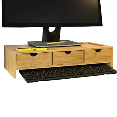 Afbeelding van SoBuy BBF03 N Monitorstandaard Bureau organizer met 3 Laden Bamboe hout