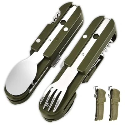 Afbeelding van campingbestek, klapbestek, roestvrij staal, 5 in 1 flesopener, als mes, vork, lepel, set, outdoor, draagbaar bestek, 2 stuks