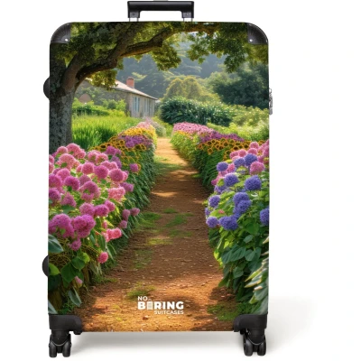 Afbeelding van NoBoringSuitcases.com® Koffer groot Reiskoffer lichtgewicht Tuinpad met bloemen Rolkoffer 4 wielen Grote trolley XL 98 liter bagage