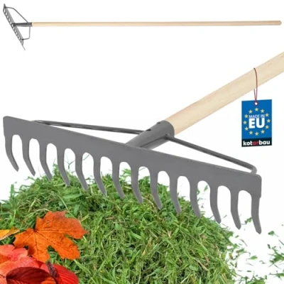 Afbeelding van KOTARBAU® hark van metaal met 14 tanden houten steel, tuinhark versterkte kop, hark, stalen voor bladeren en gras, steenhark, bladbreken, gazonhark, tuingereedschap,