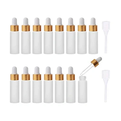Afbeelding van Enslz Kleine, lege, matte glazen pipetfles voor essentiële olie, herbruikbare flessen, neusolie, navulbare fles met metalen schroefmonddeksel en rubberen ballon, 15 stuks (5 ml, goudkleurig)