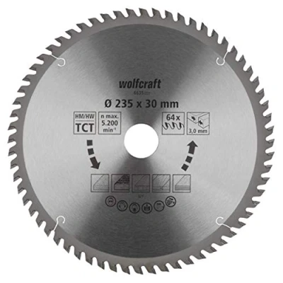 Afbeelding van Wolfcraft Cirkelzaagblad voor Hout fijn zaagwerk 235mm Asgat 30mm 64 tanden 3mm zaagdikte