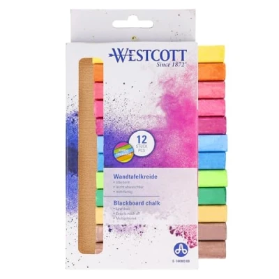 Afbeelding van Westcott Krijt, E 744983 00, 12 stuks, kleurrijk, verpakking van stuks krijtkrijt met 1,2 cm diameter, in heldere kleuren, stofarm en gemakkelijk af te vegen, 8,5 lange krijtstiften