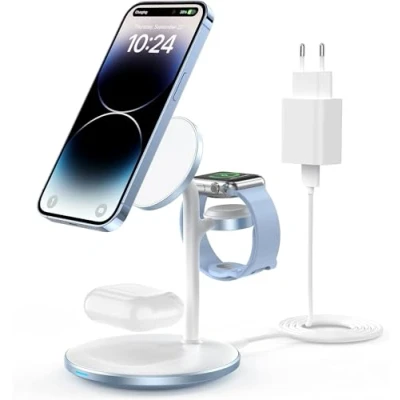 Afbeelding van Mag Safe 3 in 1 inductief laadstation voor meerdere apparaten, 15 W iPhone 14, MagSafe oplader iWatch Ultra 2/1/Series 9, AirPods, blauw