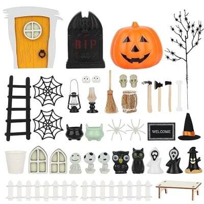 Afbeelding van sylbx 35 stuks Halloween miniatuur poppenhuis, poppenhuis decoratie, set, Halloween, spin, vleermuizen, pompoen, elf, geest,