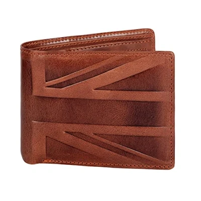 Afbeelding van Hudson &amp; James Designer Londen Real Distressed Lederen Mens Portemonnee met Zip Coin Pocket Creditcard Houder Bifold Purse UK Union Jack, Tan Crunch, M, Casual