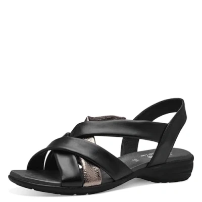 Afbeelding van Jana Softline 8 28166 42 020 Damessandalen, zwart/pewter, comfortabele extra brede alledaagse schoen, feestelijk, elegant, platte sandalen, 36 EU breed, Black Pewter, Breed