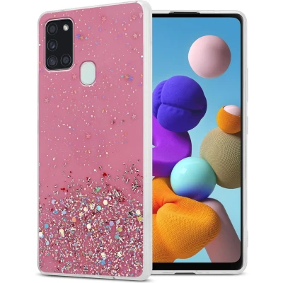 Afbeelding van Cadorabo Hoesje geschikt voor Samsung Galaxy A21s in Roze met Glitter Beschermhoes van flexibel TPU silicone fonkelende glitters Case Cover Etui