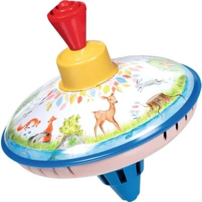 Afbeelding van goki 53780 Bromtol op de lichting van plaatstaal, kleurrijke tol brengt vreugde en plezier in kinderkamer, klassieke swingtol met standaard diermotieven, 14 cm hoog, vanaf 1 jaar