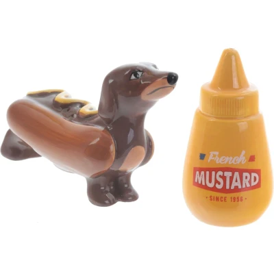Afbeelding van Puckator Peper en zout stel hotdog hondje mosterd keramiek cadeau setje zoutstel