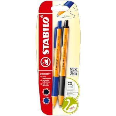 Afbeelding van Balpen met klikmechanisme STABILO pointball 2 stuks blauw, zwart