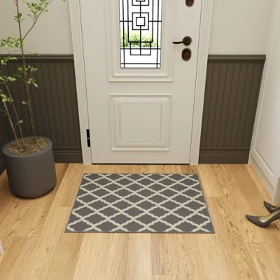 Afbeelding van Machine wasbaar Marokkaans latwerkontwerp, antislip rubberback 2 x 3 traditioneel tapijt voor binnen woonkamer, slaapkamer, keuken, entree, &#039;3 &quot;x 3&#039;, grijs
