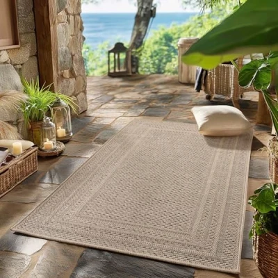 Afbeelding van SIMPEX Buiten Vloerkleed beige 80x250 cm, weerbestendig en UV bestendig, ideaal voor de keuken, balkon, terras, evenals woonkamer eetkamer, Effen design met rand