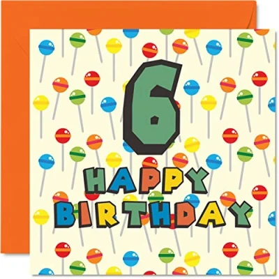 Afbeelding van 6e verjaardagskaart unisex Lolly Sweets Candy Happy Birthday Card 6 jaar oude zoon dochter broer zus kleinzoon kleindochter nichtje neef neef, 145 mm x zesde verjaardag wenskaart