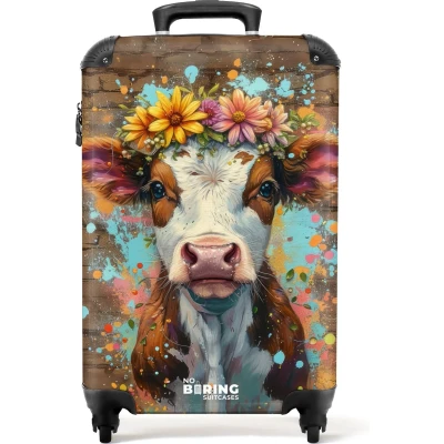 Afbeelding van NoBoringSuitcases.com® Handbagage koffer lichtgewicht Reiskoffer trolley Graffiti koe met kleurrijke bloemen Rolkoffer wieltjes Past binnen 55x40x20 en 55x35x25