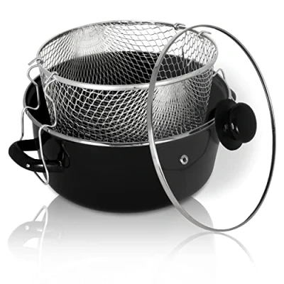 Afbeelding van Krüger Frites pan van geëmailleerd pom met chromen rand, zeefinzet en glazen deksel op de bovenkant 24 cm perfecte warmtegeleiding voor het frituren friet, calamares, enz.
