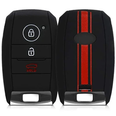 Afbeelding van kwmobile autosleutel behuizing compatibel met Kia 3 knops Smartkey hoesje Sleutelhoesje in rood/zwart Rallystrepen
