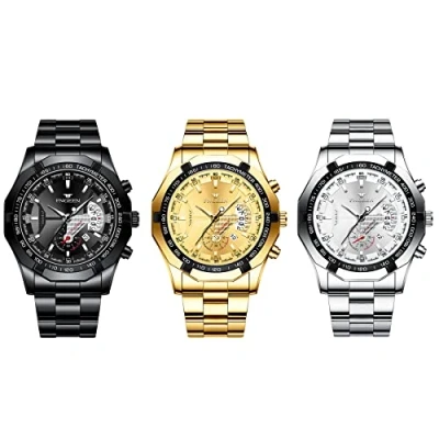 Afbeelding van JewelryWe Herenhorloge, roestvrij staal, kwarts, analoog, polshorloge, 30 m, waterdicht, zakelijk, casual horloge met datumkalender en lichtgevende wijzers, cadeau voor mannen jongens, 3 stuks.,