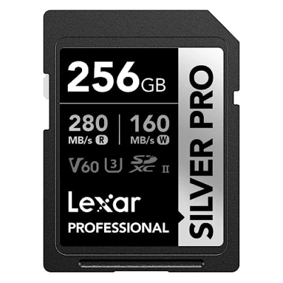 Afbeelding van Lexar Silver Pro SD kaart 256 GB, UHS II geheugenkaart, V60, U3, C10, SDXC kaart, tot 280 MB/s lezen, voor professionele fotograaf, videograaf, liefhebber (LSDSIPR256G BNNAA)