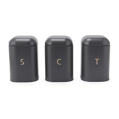 Afbeelding van Salter BW13729EU7 Pebble Tea Coffee Sugar Canister Set Opbergblikken voor aanrecht, keuken werkbladcontainers droge goederen, Koolstofstaal gelabelde canisters, gepoedercoat caddies,