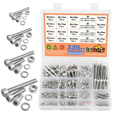 Afbeelding van 520 stuks M3 M4 M5 M6 set schroeven en moeren zeskant cilinderkopschroeven hol roestvrij staal 304 bouten met sluitringen assortiment