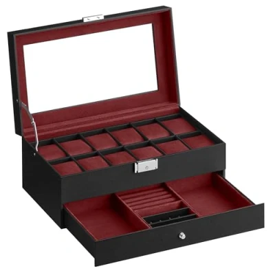 Afbeelding van SONGMICS horlogebox, horlogebox met glazen deksel, 2 niveaus, voor 12 uur, afsluitbaar, 1 lade, ringen, armbanden, cadeau idee, PU deksel in zwart, binnenvoering wijnrood JWB012R01