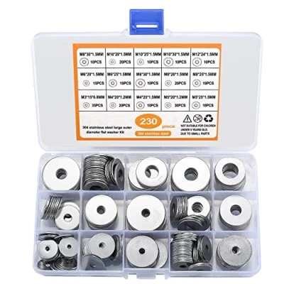 Afbeelding van 230 delige RVS Platte Wasmachines Set, Assortiment Slotringen Kit, Metalen en Moeren, 15 Maten M3/M4/M5/M6/M8/M10/M12