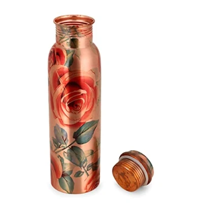 Afbeelding van Zap Impex Zuivere koperen bloem bedrukte waterfles voor ayurvedische gezondheidsvoordelen Joint Free Lekbewijs (koper, 900 ml)