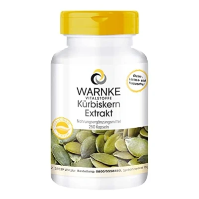 Afbeelding van Pompoenzaad Extract 500mg Plus Vitamine E &amp; Selenium hoge dosering 250 capsules bulkverpakking Warnke Vitalstoffe Duitse apothekerskwalitei