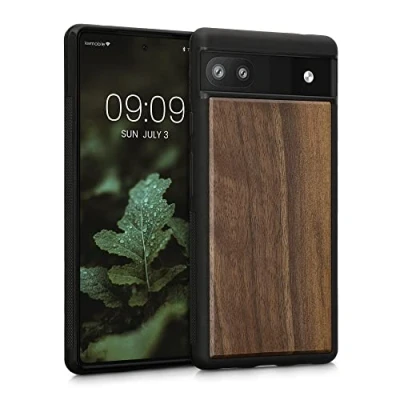 Afbeelding van kwmobile telefoonhoesje geschikt voor Google Pixel 6a Hoesje met bumper in donkerbruin Backcover walnoothout