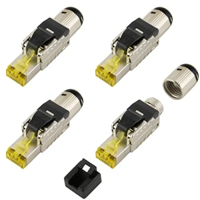 Afbeelding van SeKi 4 x gereedschapsvrije RJ45 netwerkstekker CAT 8.1, in metalen behuizing, geschikt voor installatiekabels en patchkabels, veldconfectioneerbaar, LAN stekker netwerkkabel, compatibel met CAT5,