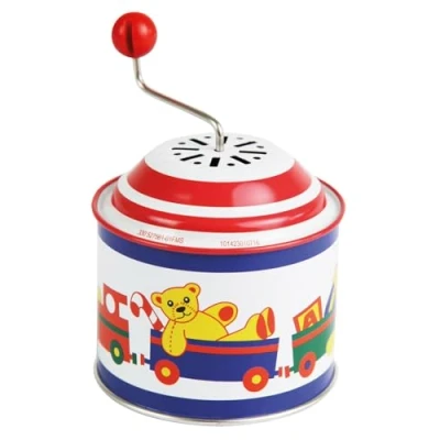 Afbeelding van Lena tin toys 52756 Muziekdraaidoosje met speelgoedkisten, muziekdoosje ca. 10,5 x 7,5 cm, blikken draaidoos melodie &quot;Oh du lieber Augustin&quot;, metalen draaidoos, draaiorgeltje 18 m+, motief