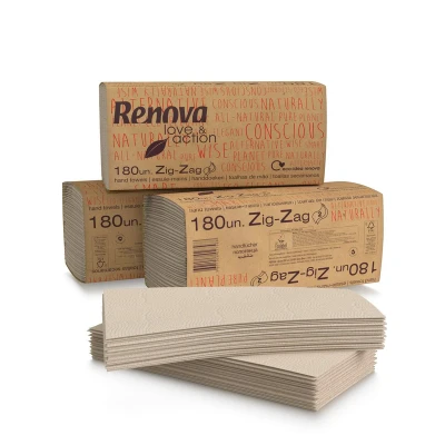 Afbeelding van Renova Love&amp;Action Zig Zag handdoeken, 15 verpakkingen van 180 stuks, 2700 milieuvriendelijk kraftpapier, 2 laags, FSC en Ecolabel gecertificeerd