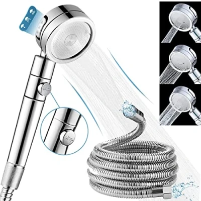 Afbeelding van Douchekop, waterbesparende douchekop met slang, 2 m, regendouche, hoge druk, handdouche, drukverhogend 3 straalsoorten, universele grote stopknop, voor baden en spa, chroom