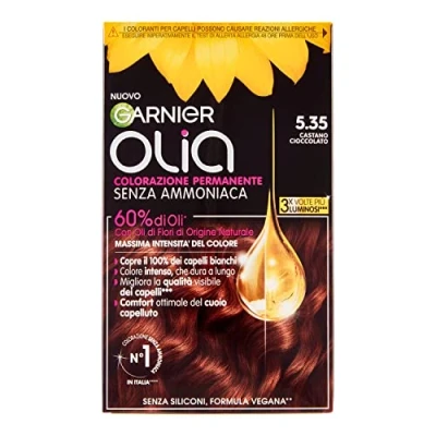 Afbeelding van Garnier Olia haarverf, permanente kleuring zonder ammoniak, dekt 100% wit haar af, met natuurlijke bloemolie van oorsprong, veganistische formule, chocoladebruin