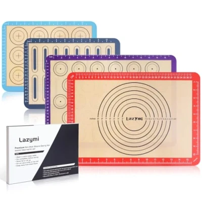 Afbeelding van Lazymi 4 Stuks Non Stick Bakmat Siliconen Met Meting voor Macaron/Cake/Brood/Pizza Mat, Bakonderlegger, Bakpapier, Bakfolie, Uitrolmat, Deegmat, Tafelset, BPA Vrij