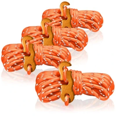Afbeelding van COM FOUR® 4x scheerlijnen elk 4m voor kamperen, reflecterend in oranje tentkoord met aluminium gesp spankoord campingkoord touwspanner tenttouw stormband