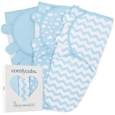 Afbeelding van Comfy Cubs Babydeken, inbakerdeken, 0 3 maanden, Newborn Essentials, Baby Sleep Sack Wrap, 100% ademend katoen, babyjongen meisje, verstelbaar pack (blauw, klein medium)